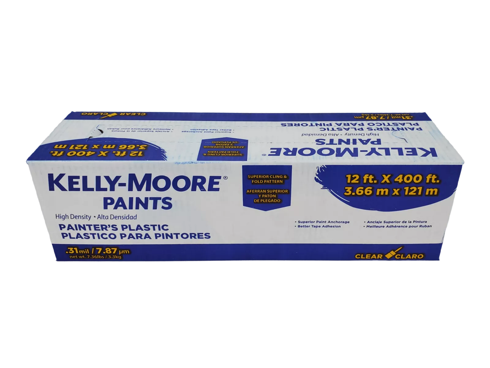 White and blue box of Kelly-Moore Paints painter's plastic sheeting, measuring 12ft x 400ft, ideal for bedliner application protection.