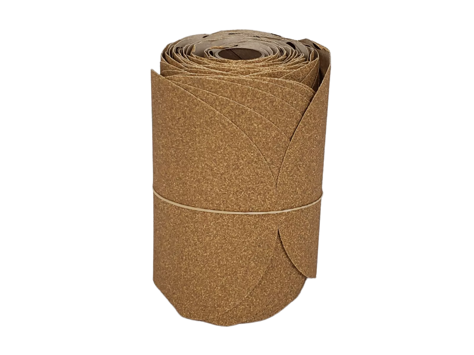 Bundle of brown sandpaper circles, bound together with a rubber band, used for truck bed sanding prior to bedliner spray application.