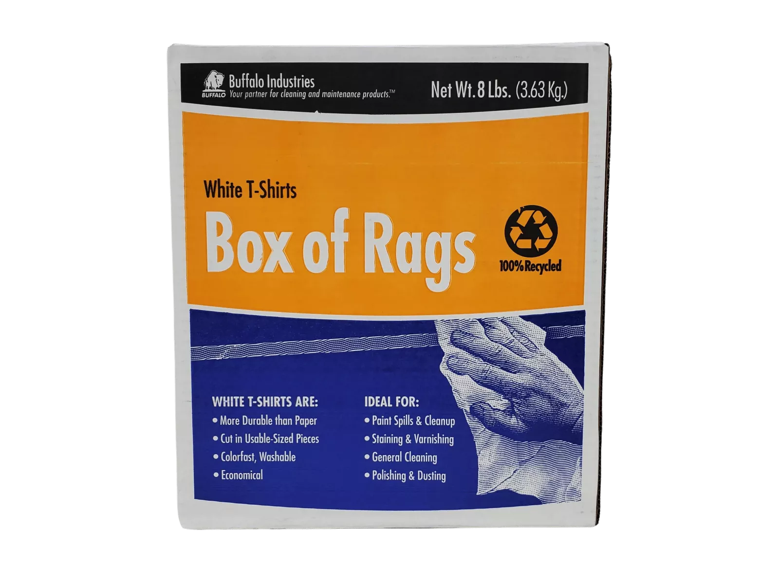 Orange and blue box of recyclable rags by Buffalo Industries, a valuable accessory for spray-on bedliner application.