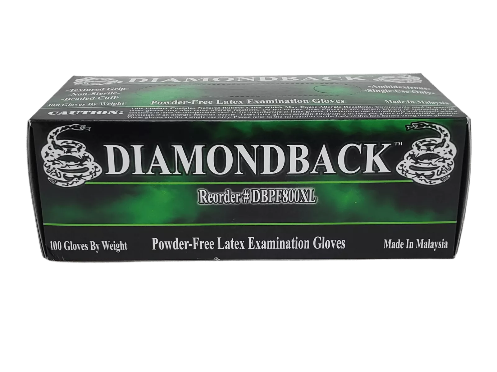 Green and Black Box of Diamondback Latex Examination Gloves