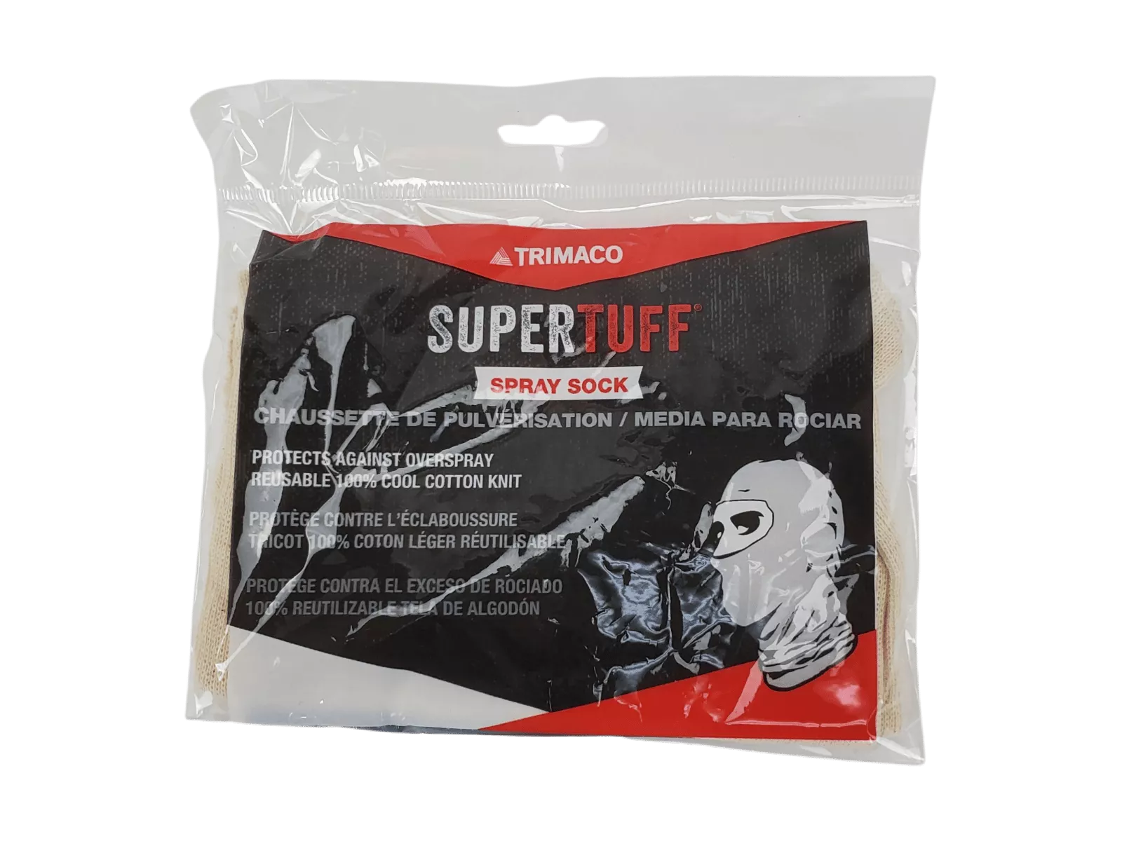 Clear Packaging of Trimaco Supertuff Spray Sock with Black and Red Label