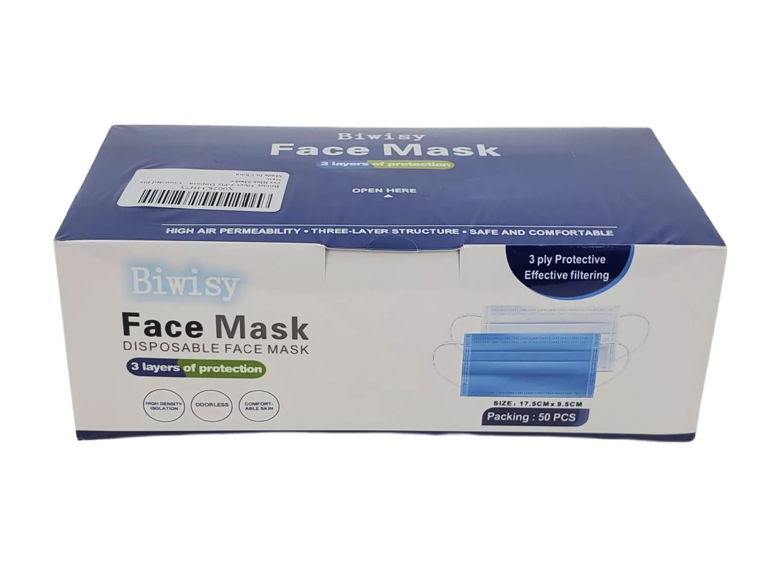 White and Blue Box of Biwisy Disposable Face Masks - 50 Pack