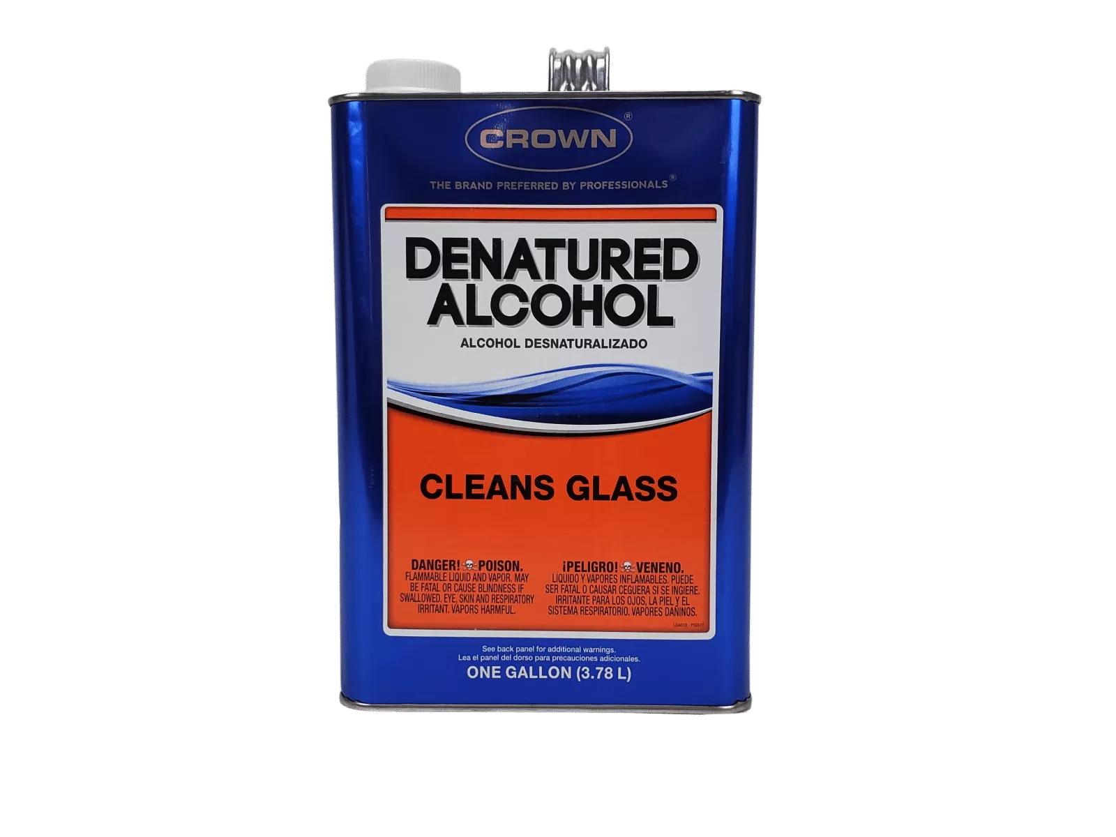 Blue and orange one-gallon container of Crown Denatured Alcohol, a specialized cleaning solution labeled "Cleans Glass".
