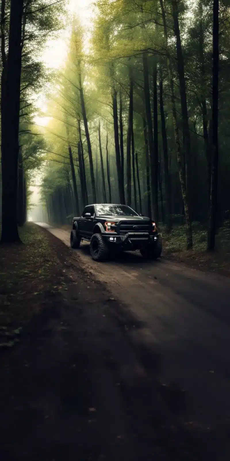 Elevated and customized Ford F-150 in matte military green, adorned with a front light bar, driving along a narrow dirt road weaving through a lush forest.